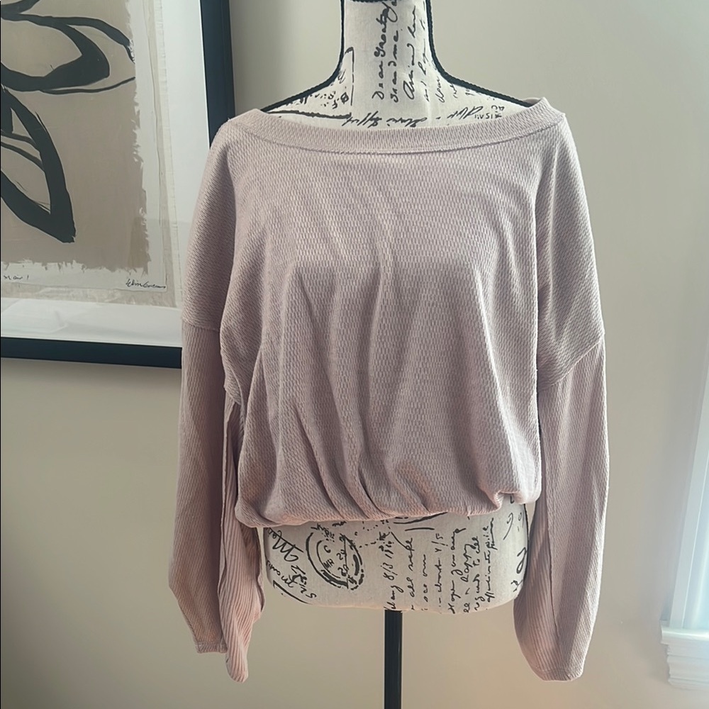 Free People Dusty Rose waffle bubble sleeve cropped top NWT